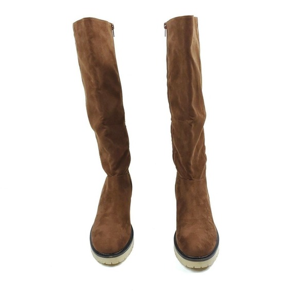 Mi.im Miim Boots 8.5 Vegan Faux Suede Chestnut Brown Chunky Heel Knee High - Picture 2 of 9